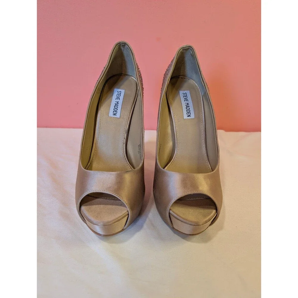 Women's Steve Madden Playy-R Crystal Heel Gold Satin Heels US 9 Y2K Club Shoes